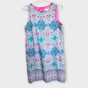 London Times Womens Dress Sz 10 Blue Pink Mandala Sleeveless Shift Sheath Cotton